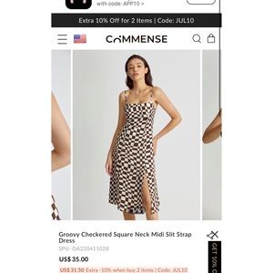 Groovy Checkered Square Neck Midi Slit Strap Dress